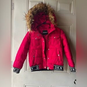DKNY Red Puffer Jacket with Faux Fur Hood